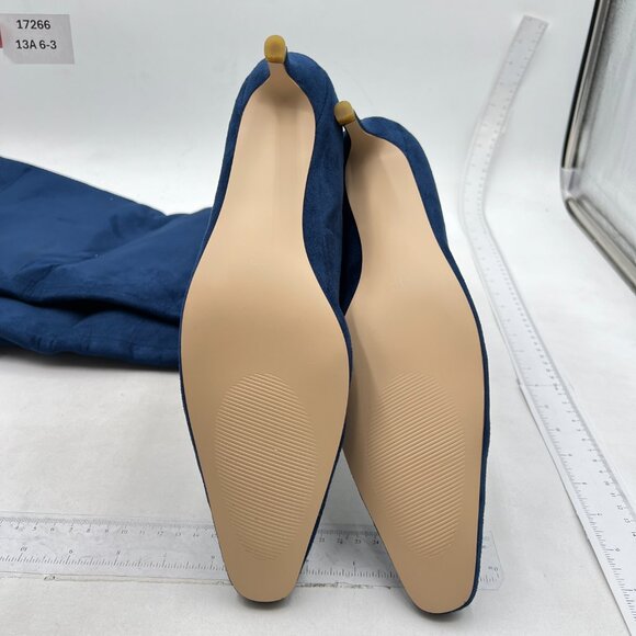 Navy Women Square Toe Knee High Boot Slip On Kitten Low Heel Elegant Winter Shoe - Picture 7 of 8